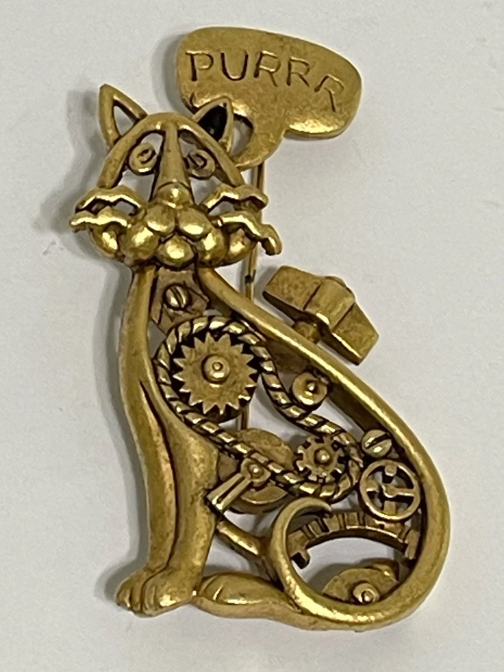 Vintage AJC Gold Tone PURRR Mechanical Kitty Cat Brooch Pin American Jewelry Co
